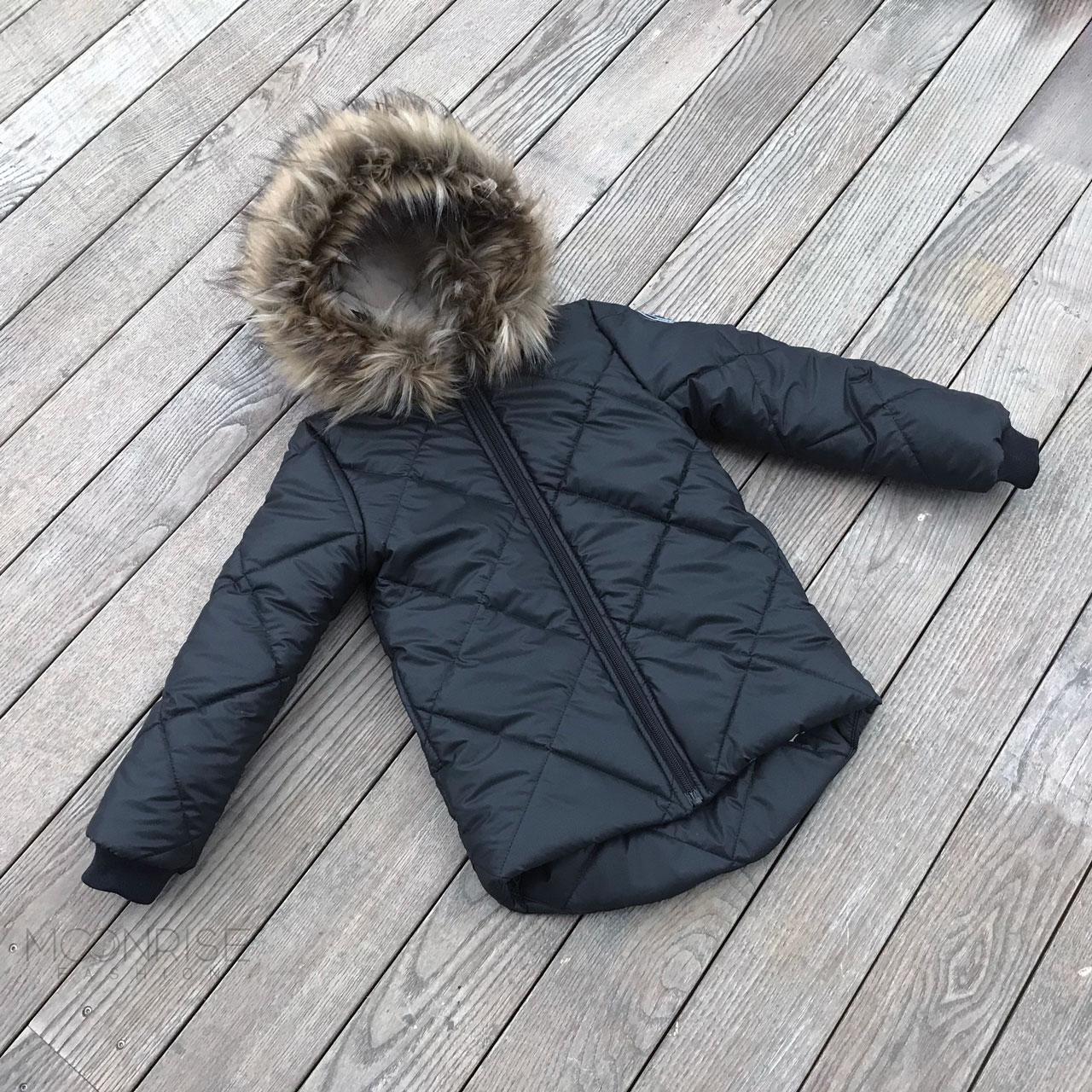 Detská zimná bunda - black "koženkový" efekt