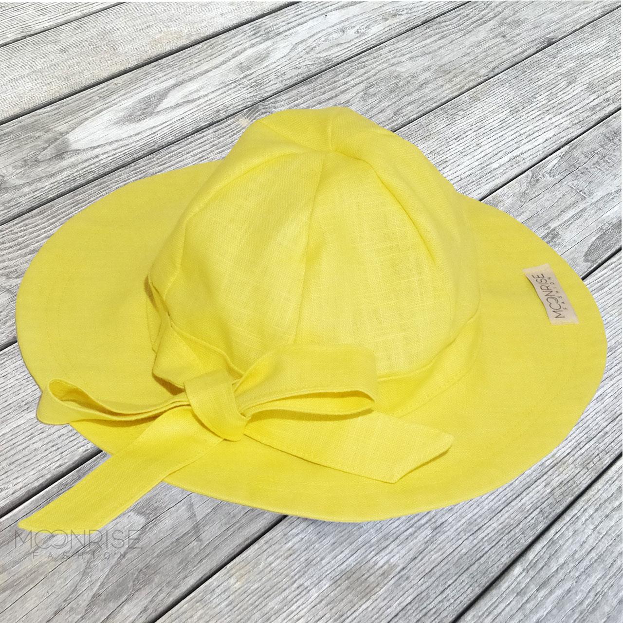 Detský ľanový klobúk yellow s mašľou