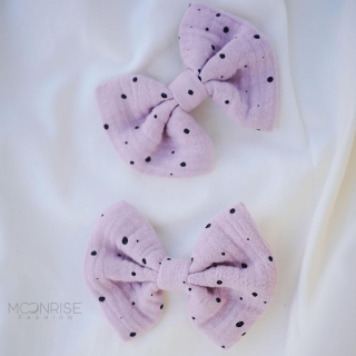 Detské mušelínové sponky s mašľou pink black dots - 2ks